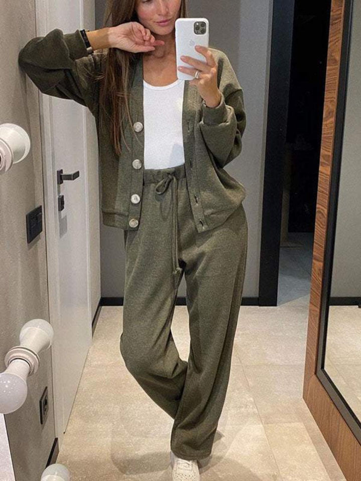 Women's charcoal gray relaxed fit cardigan & drawstring pants loungewear set, ideal for cozy comfort.