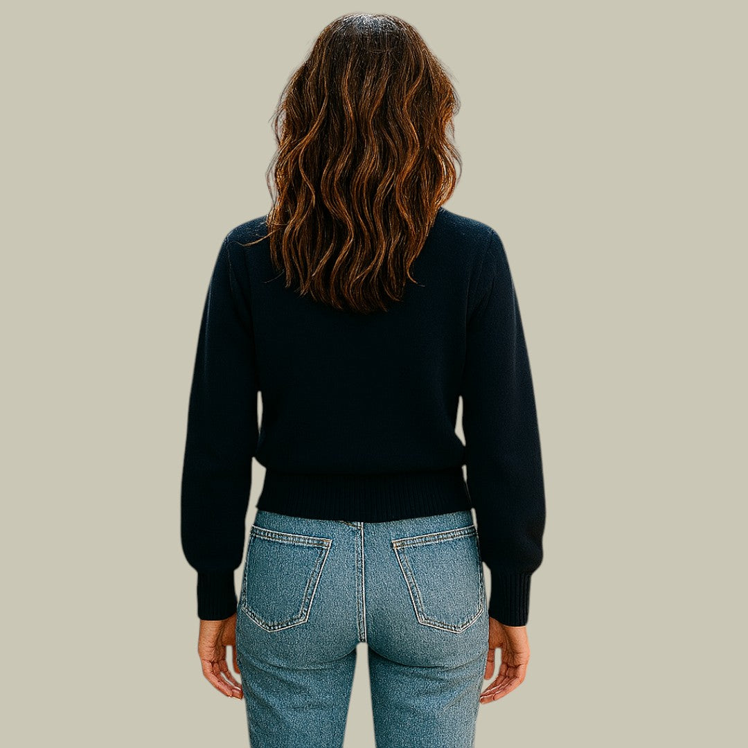 Stylish women's knitwear: grey merino wool sweater, v-neck, unique cross button design.