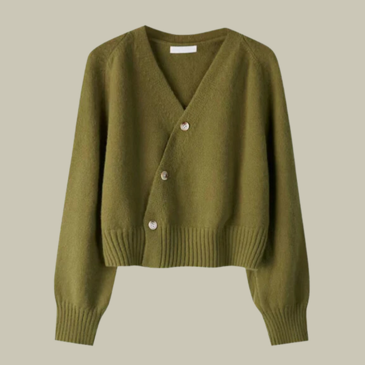 Elegant women's winter fashion: v-neck cross button sweater made from soft merino wool blend.