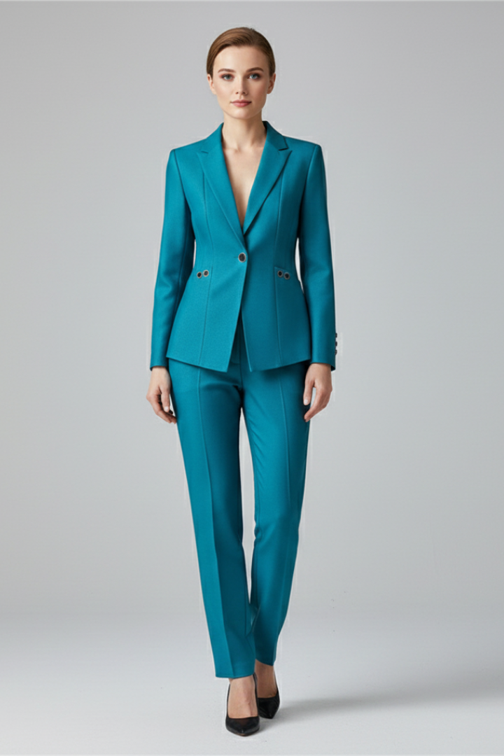Comfortable straight-leg trousers & chic blazer set for women. Versatile professional, office, & casual wear.