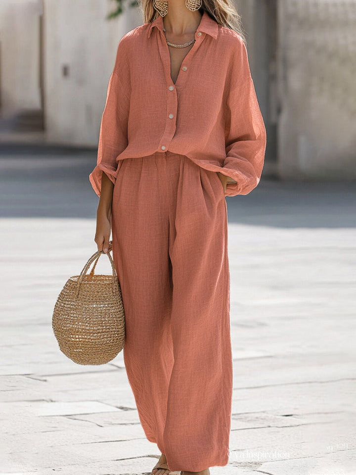 Chic women's two-piece set with blouse & pants, great for everyday wear or a travel outfit.