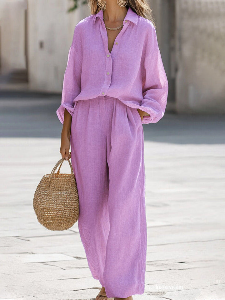 Relaxed fit women's elegant blouse & pant two-piece set, ideal for summer vacation wear.