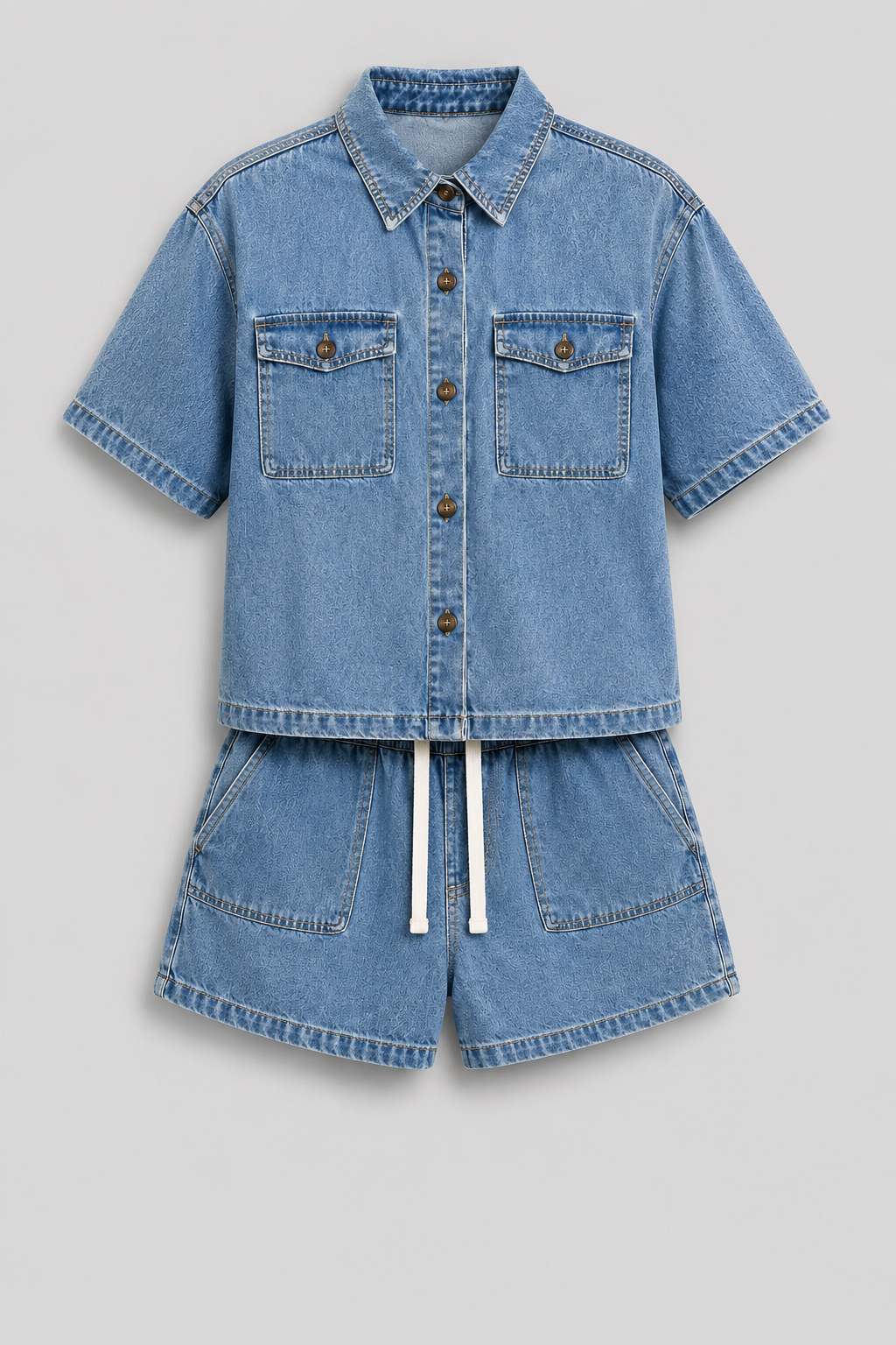 Women's chic blue denim short set, a stylish two-piece with jacket & shorts for summer fashion.