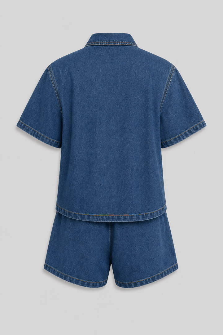 Versatile women's denim short set. Blue denim jacket & shorts for spring/summer casual outfits.