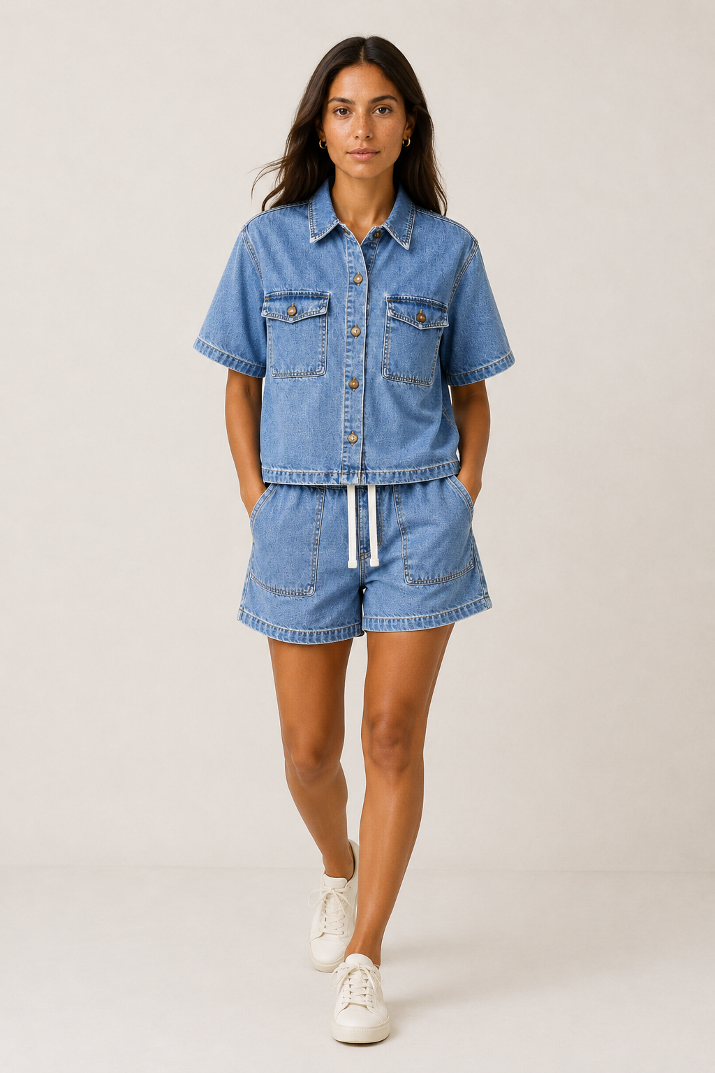 Close-up of a blue denim short set for women, highlighting chic jacket and comfortable shorts.