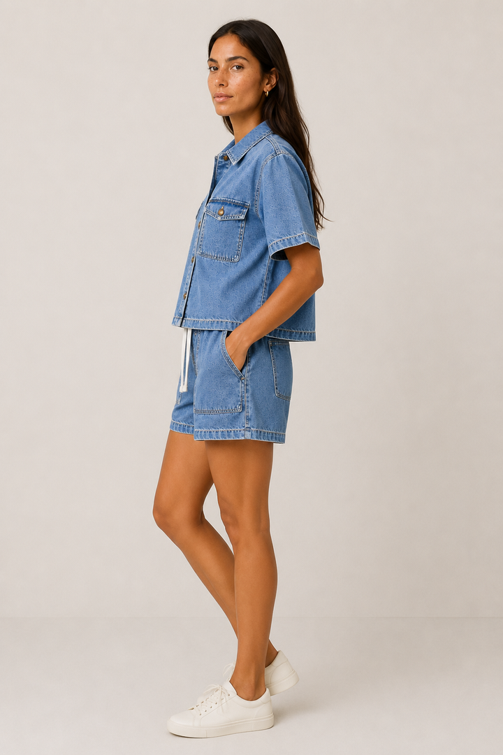 Summer fashion: women's two-piece denim short set. Chic blue jacket & shorts for casual outings.