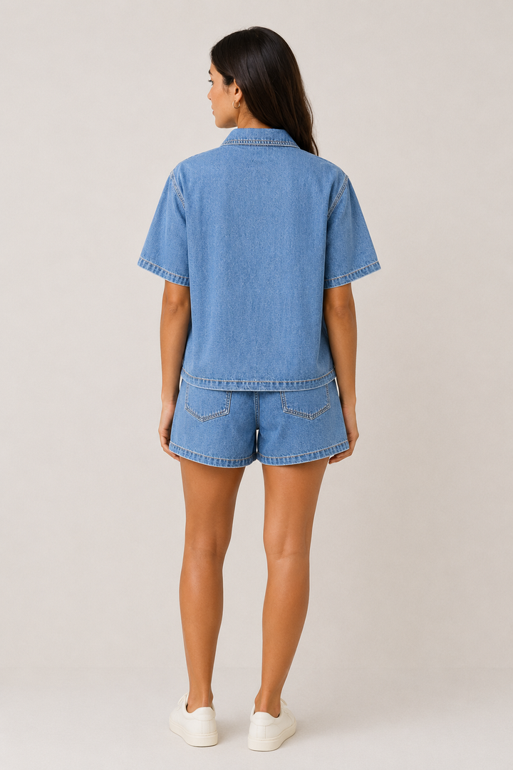 Complete women's denim short set outfit with a stylish jacket & comfortable shorts, ideal for spring/summer.