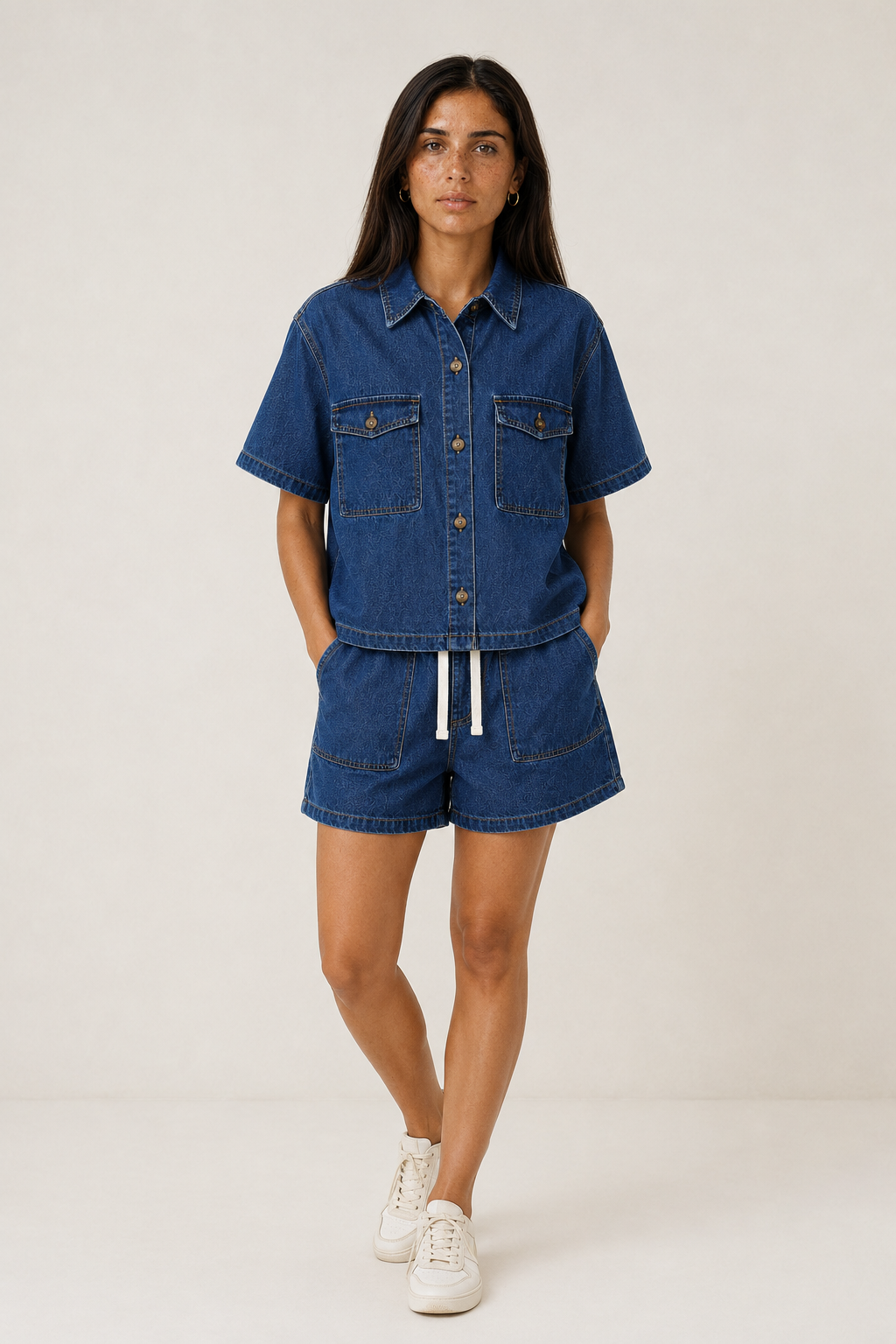 Stylish women's denim short set, a comfortable blue two-piece with a jacket & shorts for summer casual wear.