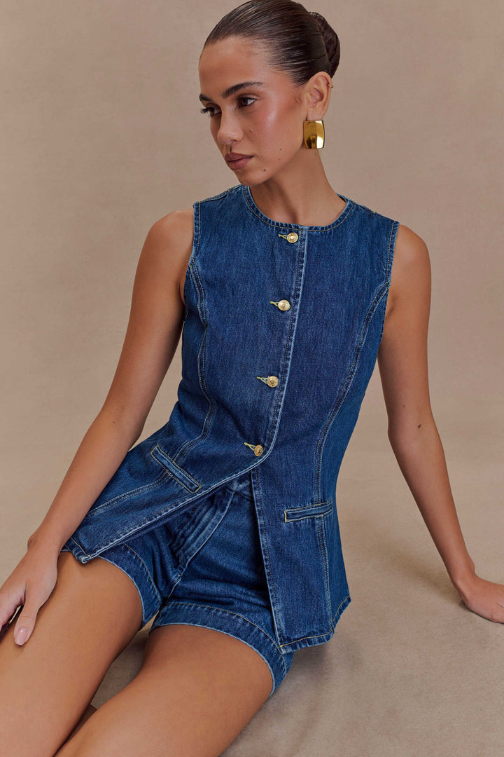 Trendy women's denim two-piece set in blue, offering chic style & comfort for a relaxed casual look.