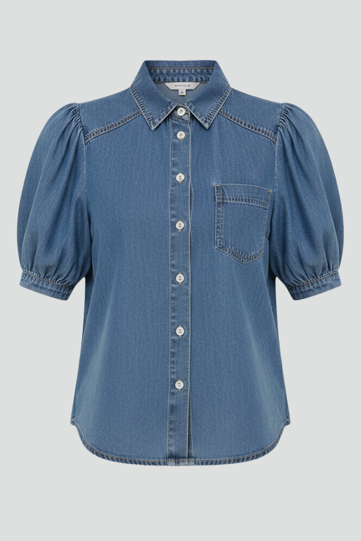 Women's chic blue puff sleeve button-down shirt, a stylish loose fit long sleeve top.