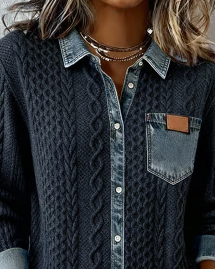 Elegant dark gray textured cable pattern long sleeve women's blouse with front buttons.