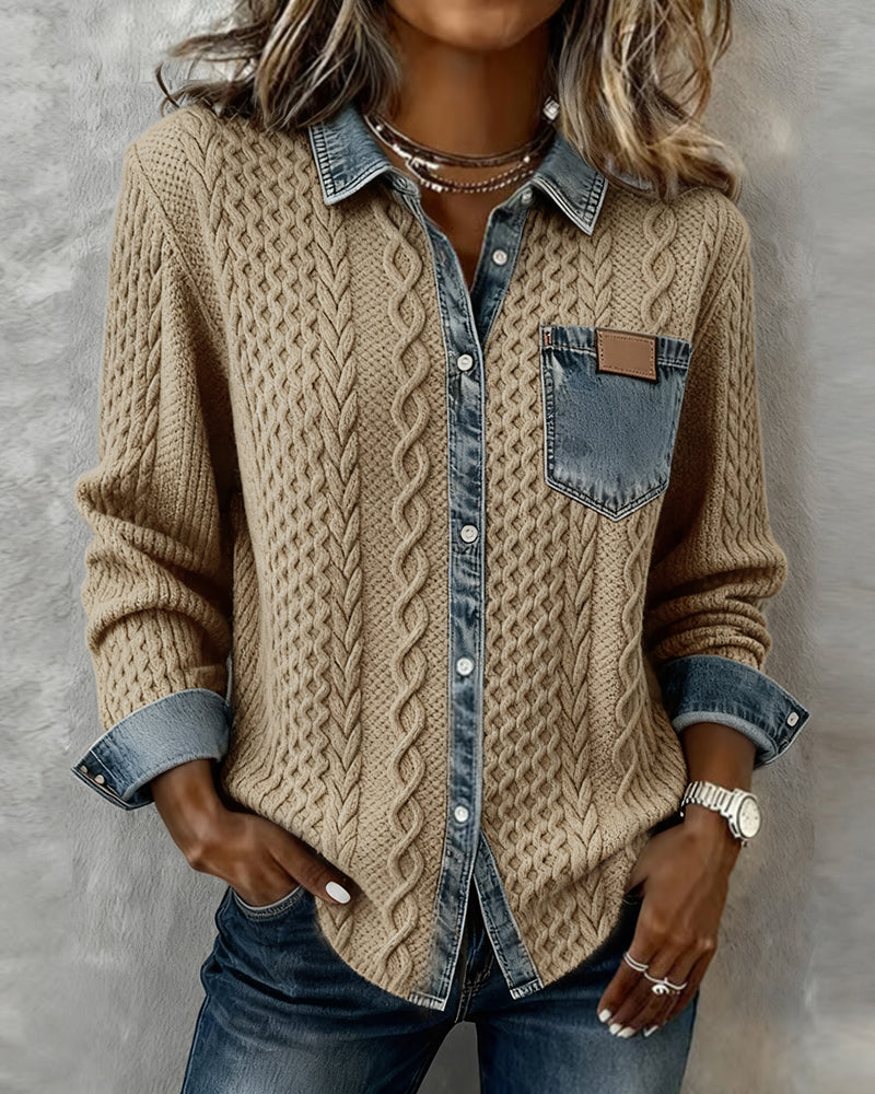 Elegant pink women's collared cable knit blouse, long sleeve, perfect for office chic.