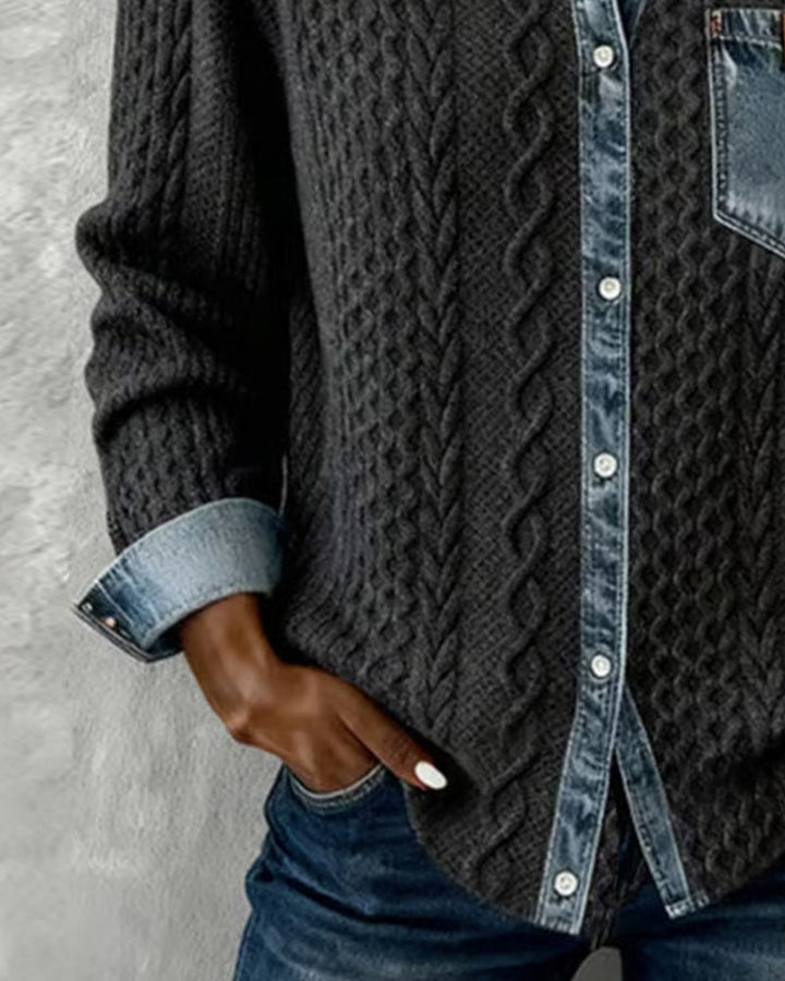 Versatile women's dark blue cable pattern button front blouse, long sleeve for casual chic.