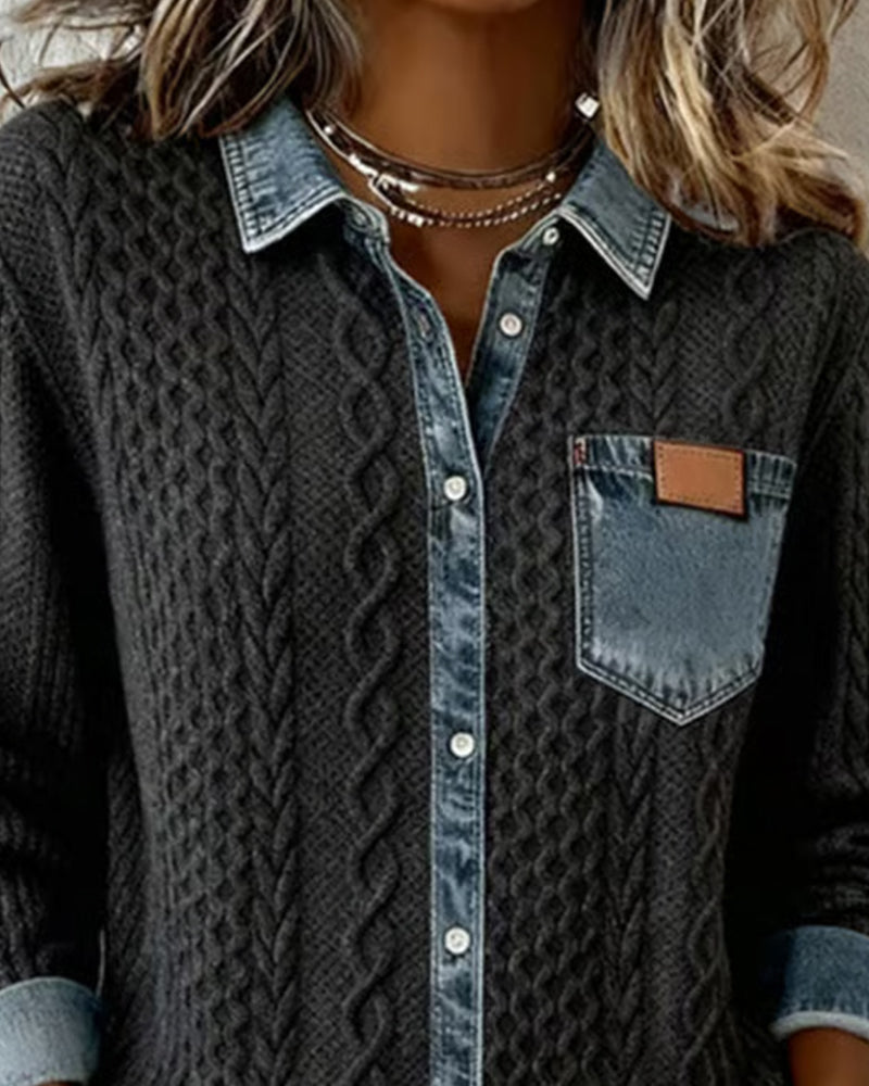 Textured cable pattern button front blouse, elegant women's long sleeve top, dark gray.