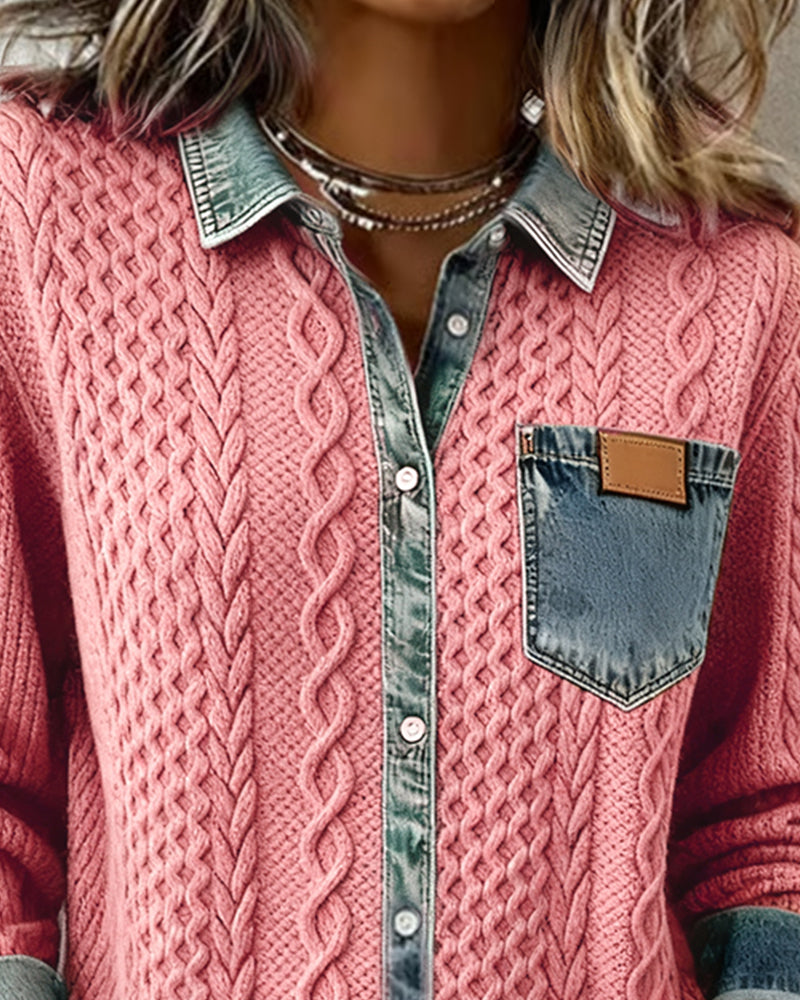 Office fashion women's cable pattern blouse, dark gray button front, long sleeve, collared.