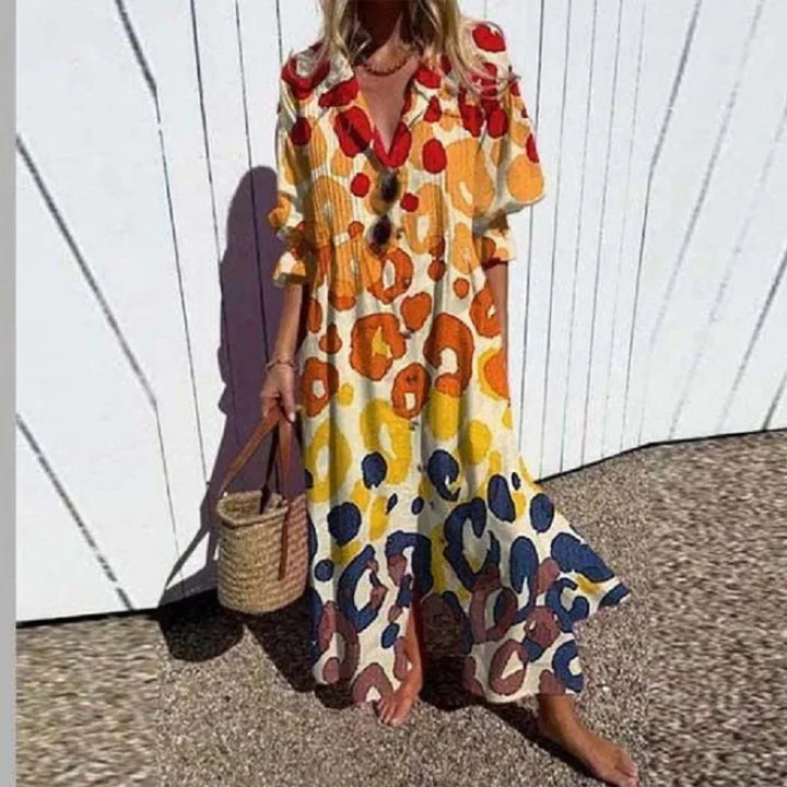Elegant women's summer maxi dress, collared button-down design, perfect for casual spring or resort wear.
