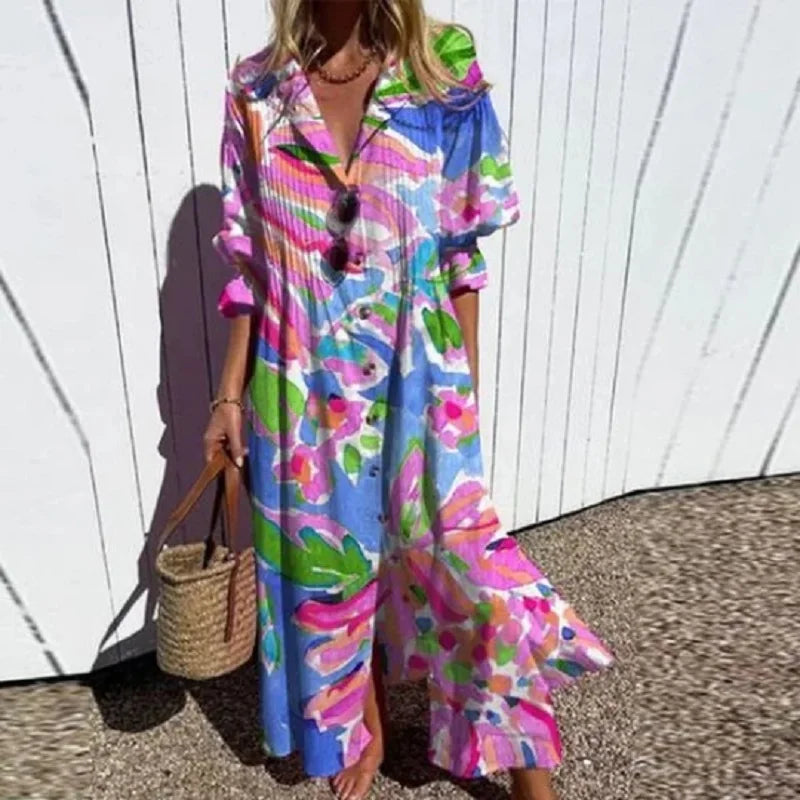 Loose fit women's collared button-down maxi dress with long sleeves, ideal for spring and summer style.