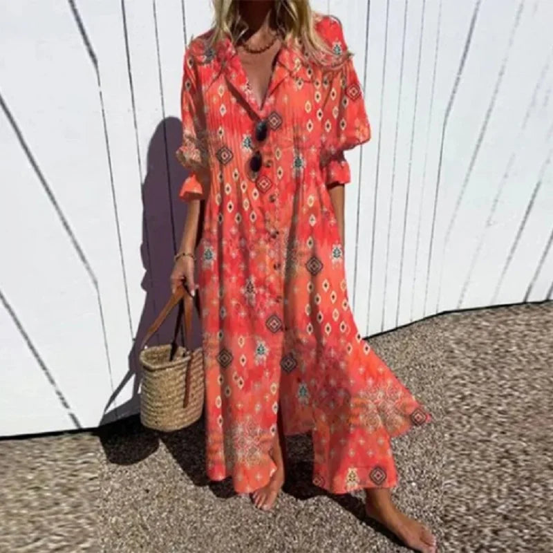 Chic women's button-down maxi dress, collared for an elegant look, great as a summer casual dress.