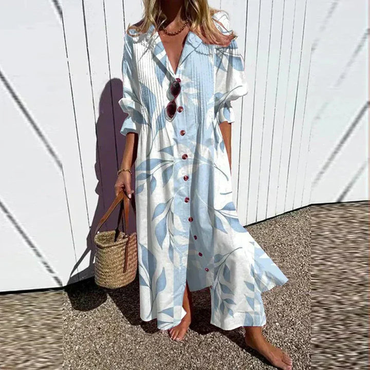 Versatile women's collared button-down maxi dress, loose fit, great for casual outings, resort, or elegant wear.