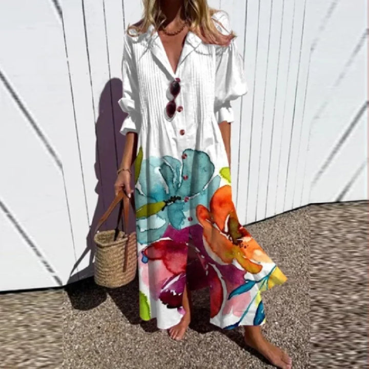 Women's elegant summer long sleeve maxi dress, collared button-down style, perfect for resort and spring casual.