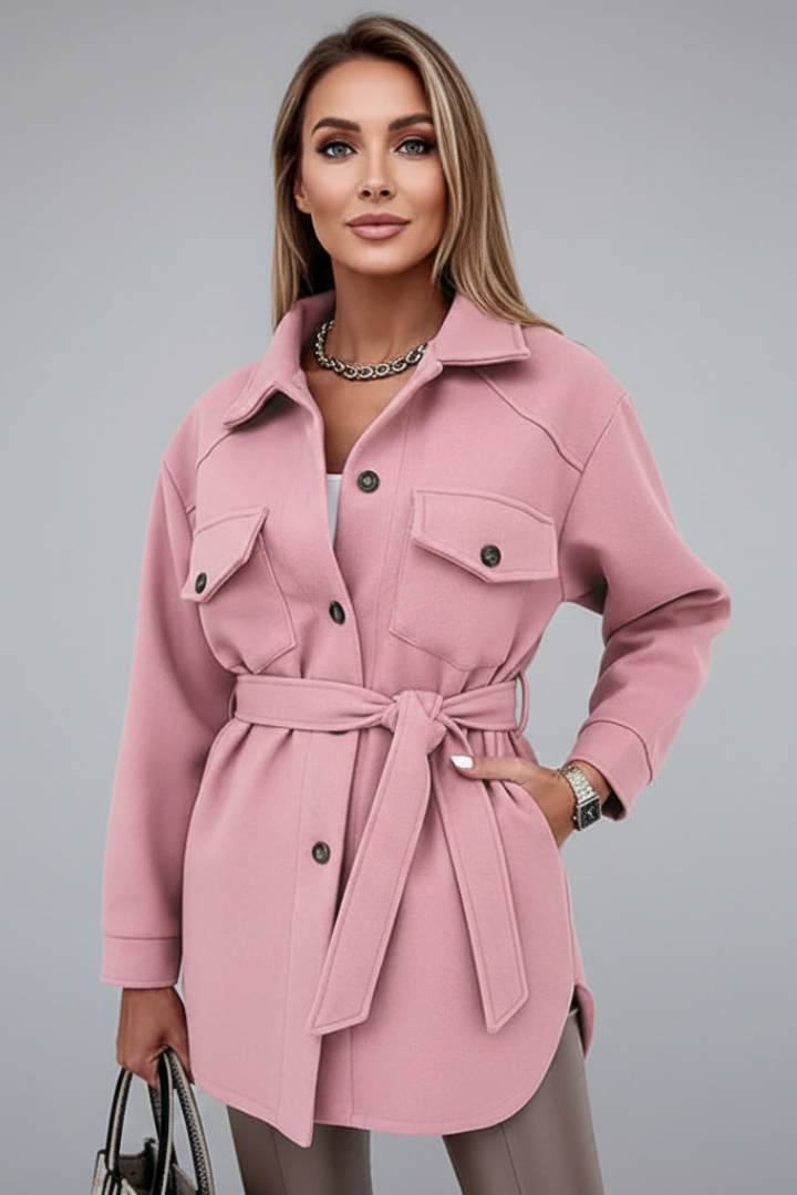 Sophisticated women's shirt jacket. Versatile straight cut, collared, elegant casual outerwear.