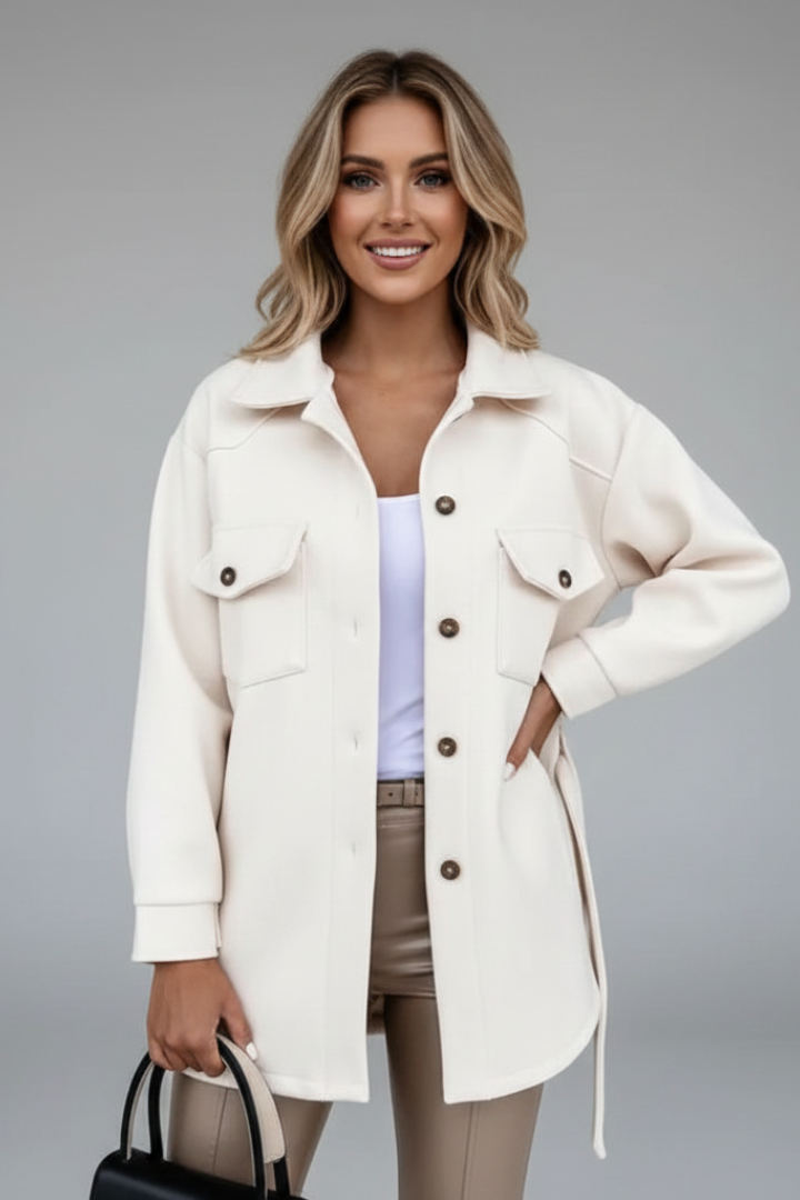 Stylish women's collared shirt jacket. Straight cut, button-up, perfect versatile layering piece.
