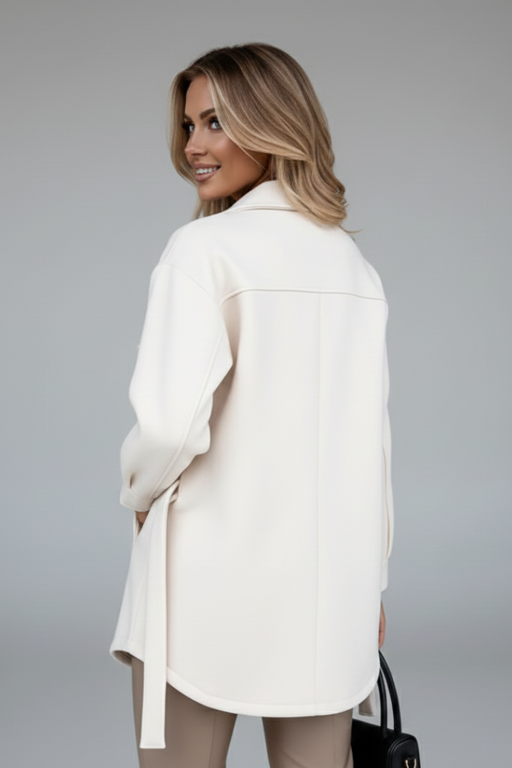 Women's fashion straight cut shirt jacket. Collared, long sleeve, versatile button-up outerwear.