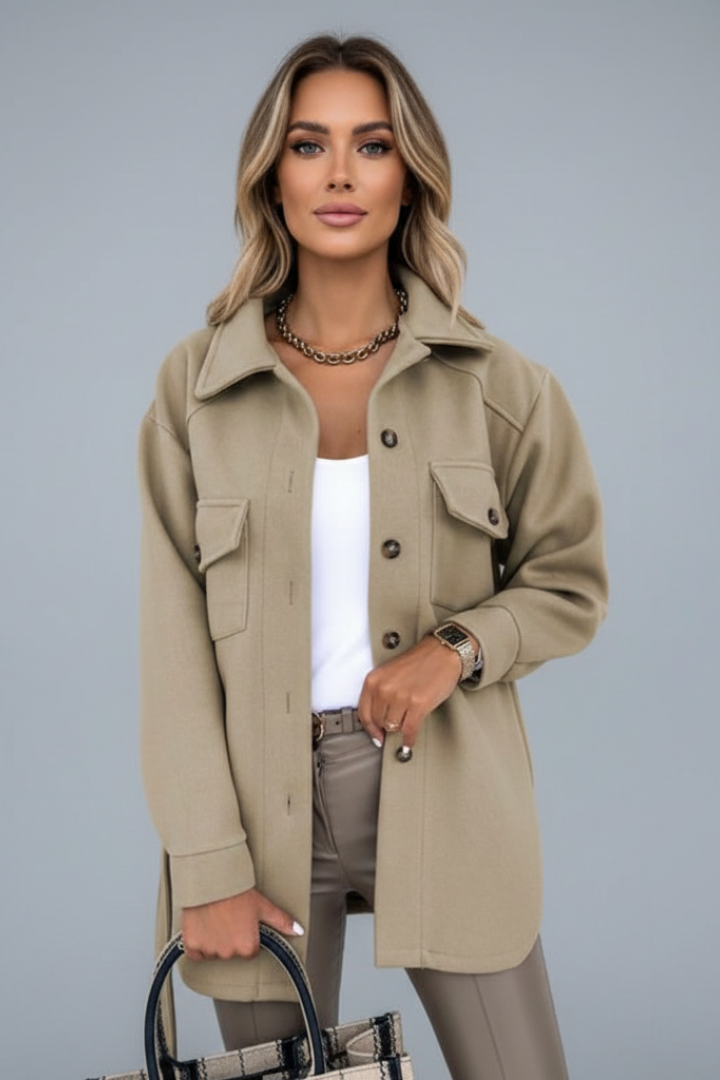 Front view: Women's versatile straight cut collared shirt jacket. Elegant casual outerwear.