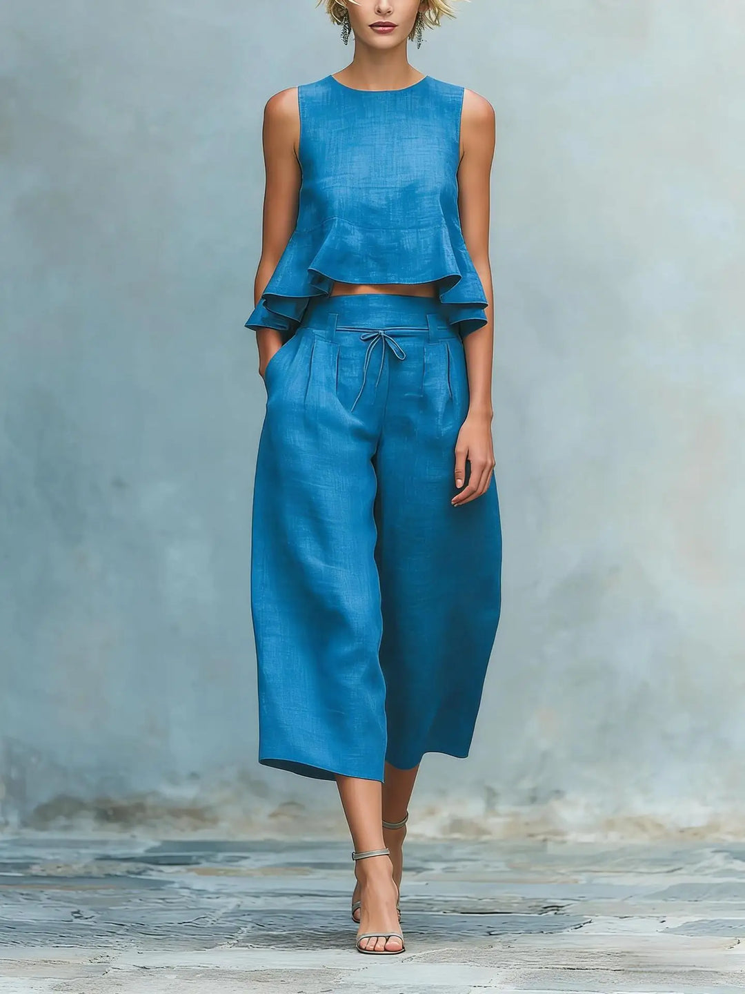 Stylish women's two-piece set featuring a crop top and flowy wide leg pants. Ideal for casual summer fashion.