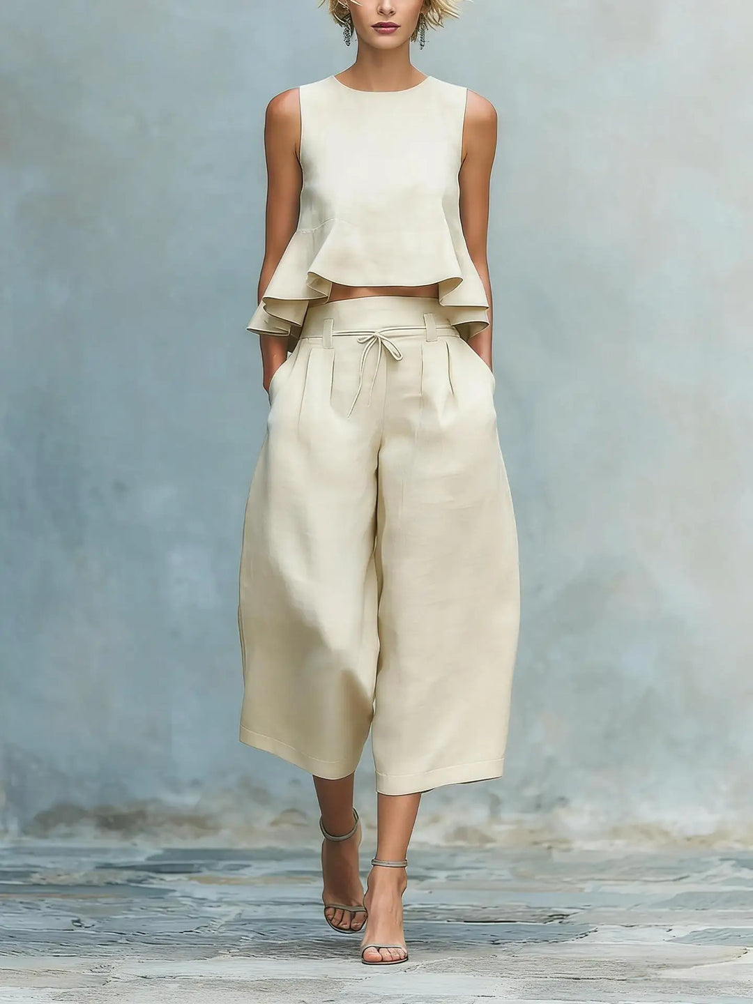 Comfortable women's crop top & wide leg pant set. Versatile matching outfit for travel, lounge, or summer events.