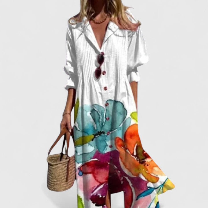 Women's chic floral midi dress for elegant evening wear. Perfect summer vacation fashion.