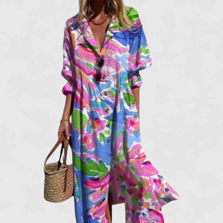 Chic women's evening midi dress with vibrant floral print, suitable for elegant events.