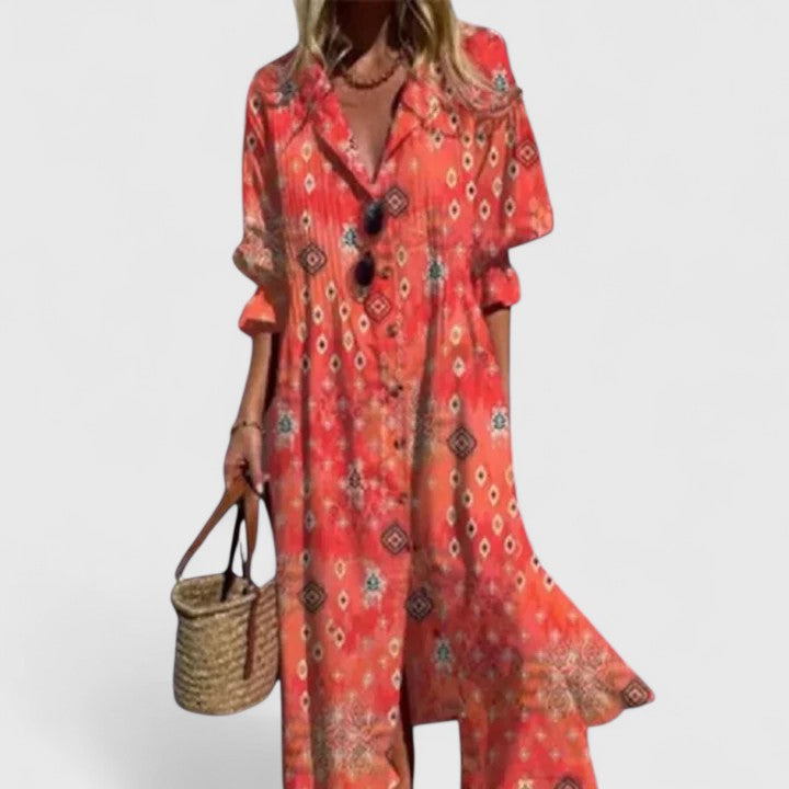 Flowy women's floral midi dress, a chic button-down design for summer resort fashion.