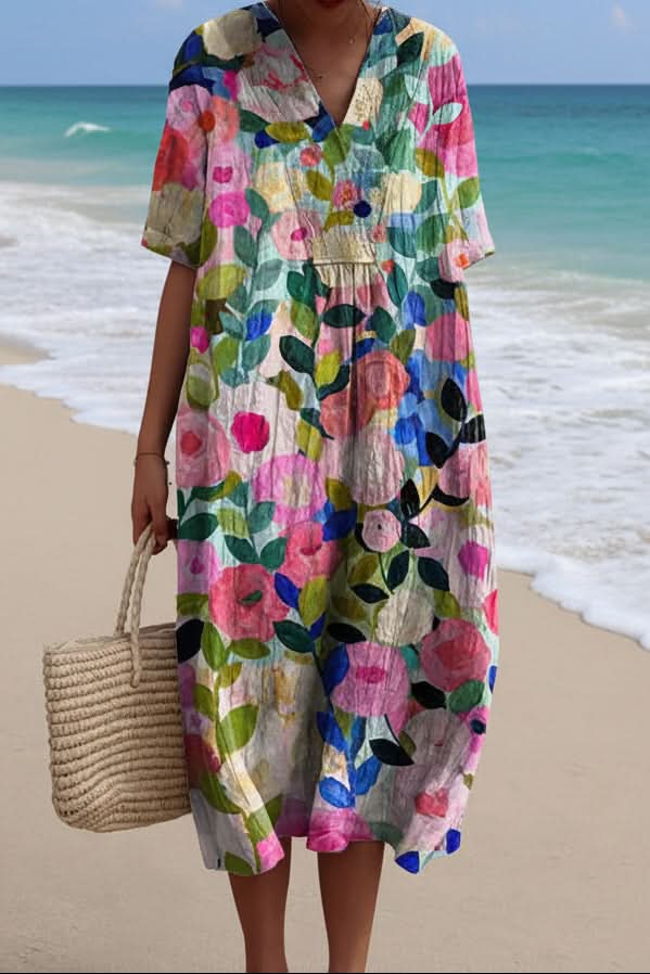 Women's chic floral V-neck midi dress, perfect for stylish summer casual wear or elegant spring outings.