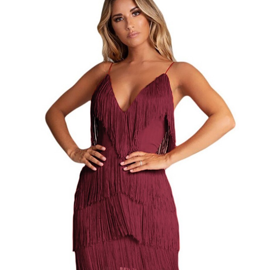 Women's chic fringe mini party dress, sleeveless, perfect for clubwear or evening events.