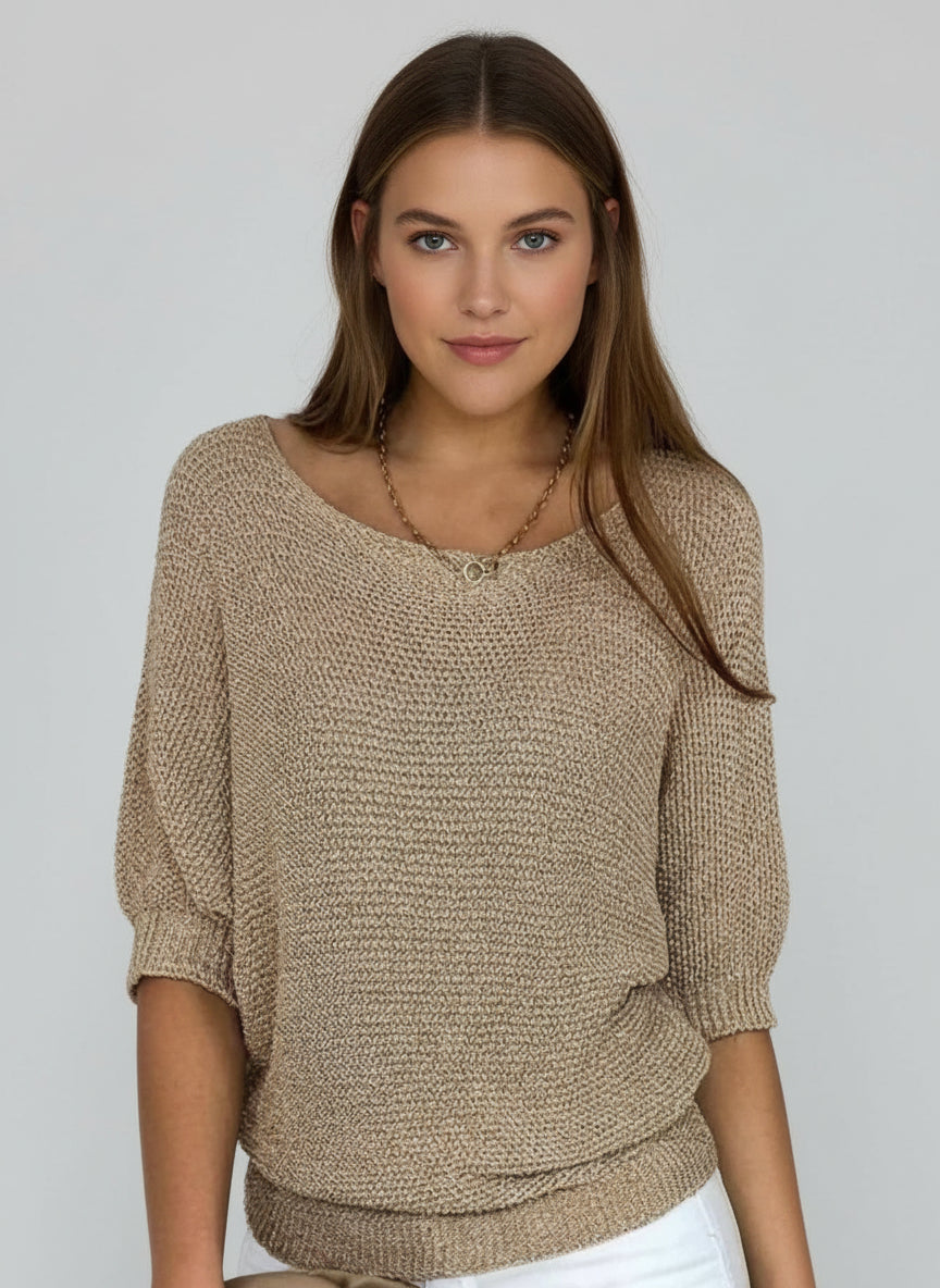 Women's chic gold short sleeve sweater with a relaxed fit, perfect for versatile casual spring, summer & fall outfits.