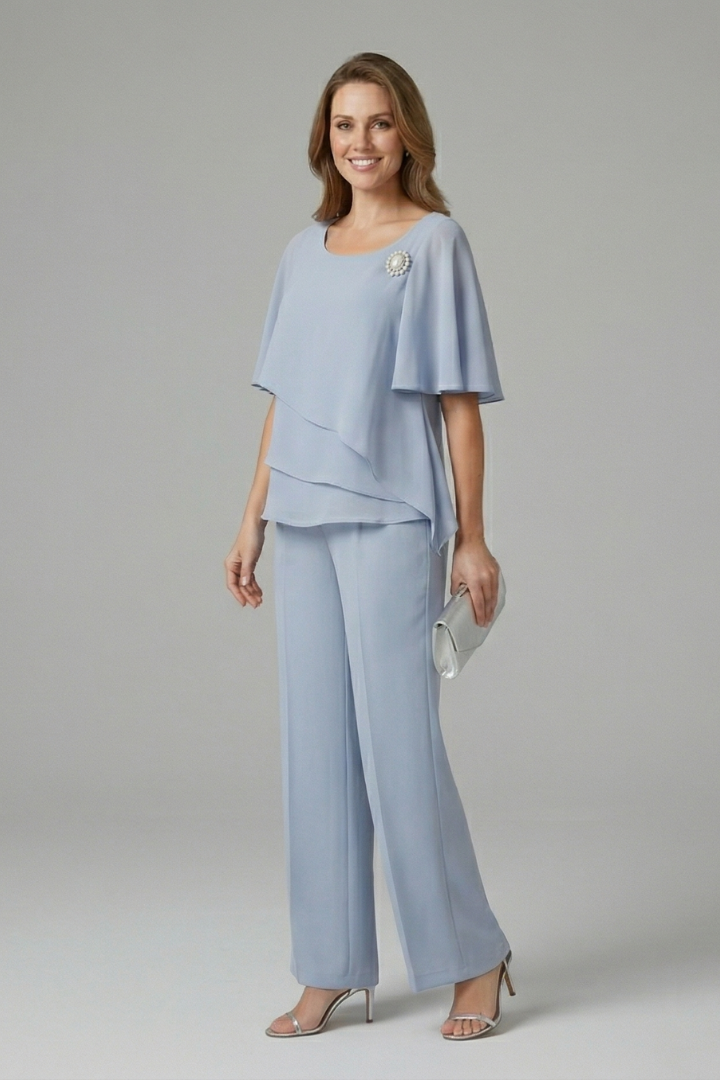 Women's straight leg pull-on trousers in navy blue from the two-piece set, offering casual chic and comfort.