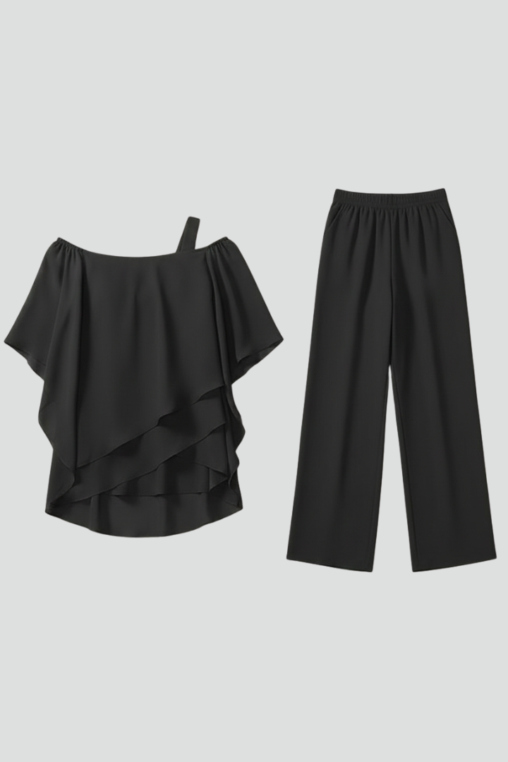 Women's chic off-shoulder top & straight-leg trousers set. Stylish two-piece outfit for casual wear.