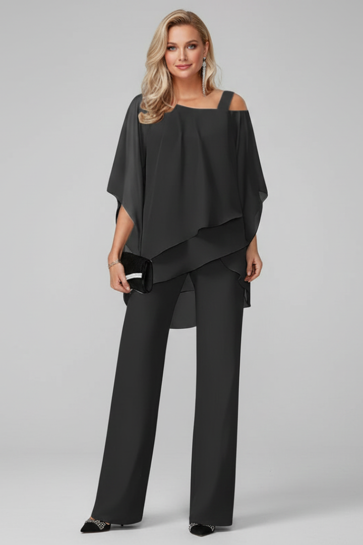 Off-shoulder top with elastic waist straight-leg trousers. Comfy and versatile matching set for women's fashion.