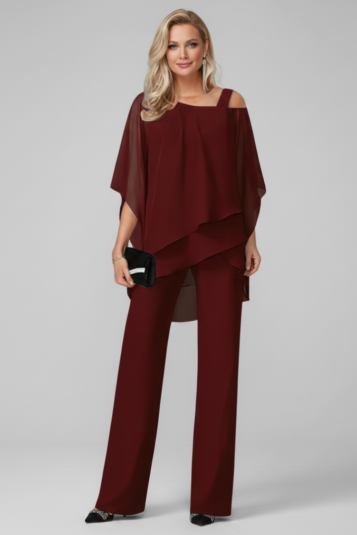 Coordinated women's matching set: elegant off-shoulder top & straight-leg trousers. Great for casual & dressy occasions.