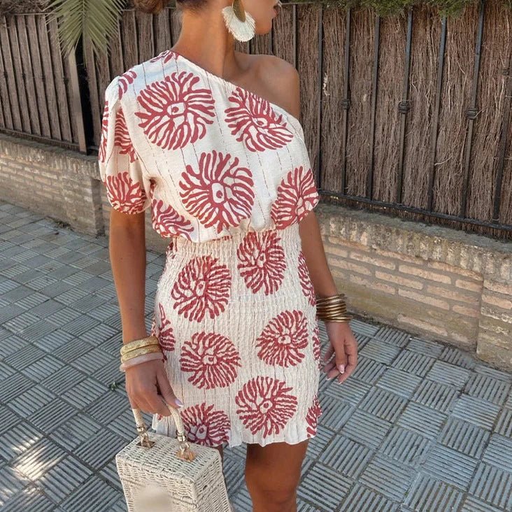 Women's chic one-shoulder mini dress with terracotta print, perfect for wedding guests or summer parties.