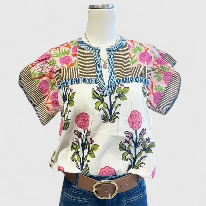 Women's chic pink embroidered blouse, offering bohemian elegance & comfort for everyday casual fashion. Versatile top.