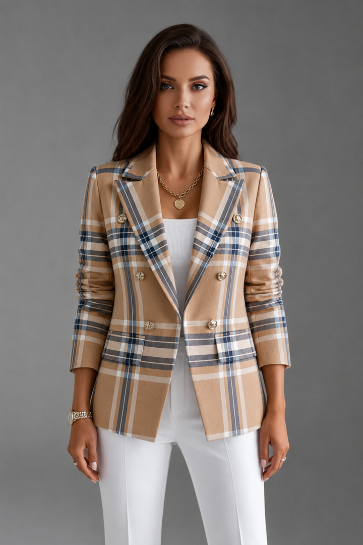 Elegant women's plaid double-breasted blazer for chic fall fashion, perfect professional or business casual style.