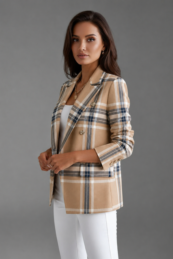 Chic women's plaid blazer, double-breasted design. Perfect long sleeve professional wear for business casual fall fashion.