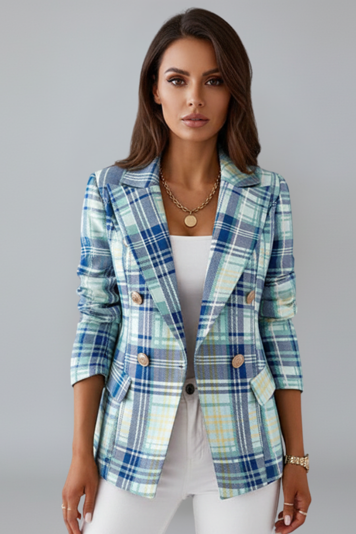 Women's professional plaid double-breasted blazer. Long sleeve chic office wear, perfect for business casual elegance.