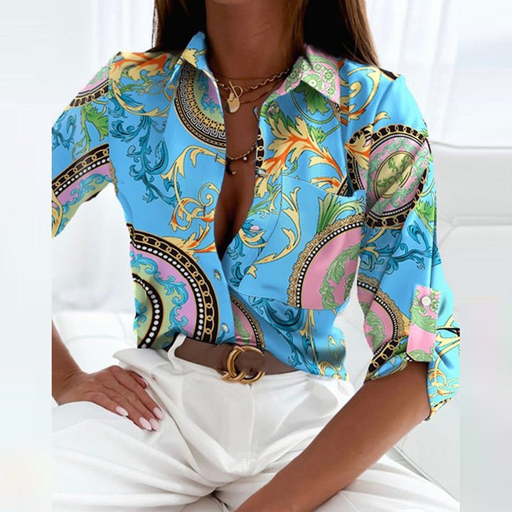 Stylish women's patterned long sleeve shirt, ideal for casual chic.