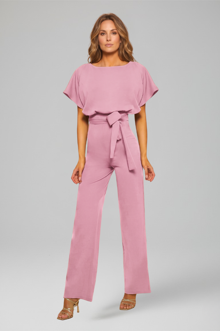 Chic women's pull-on wide leg jumpsuit with round neck for effortless day to night style.