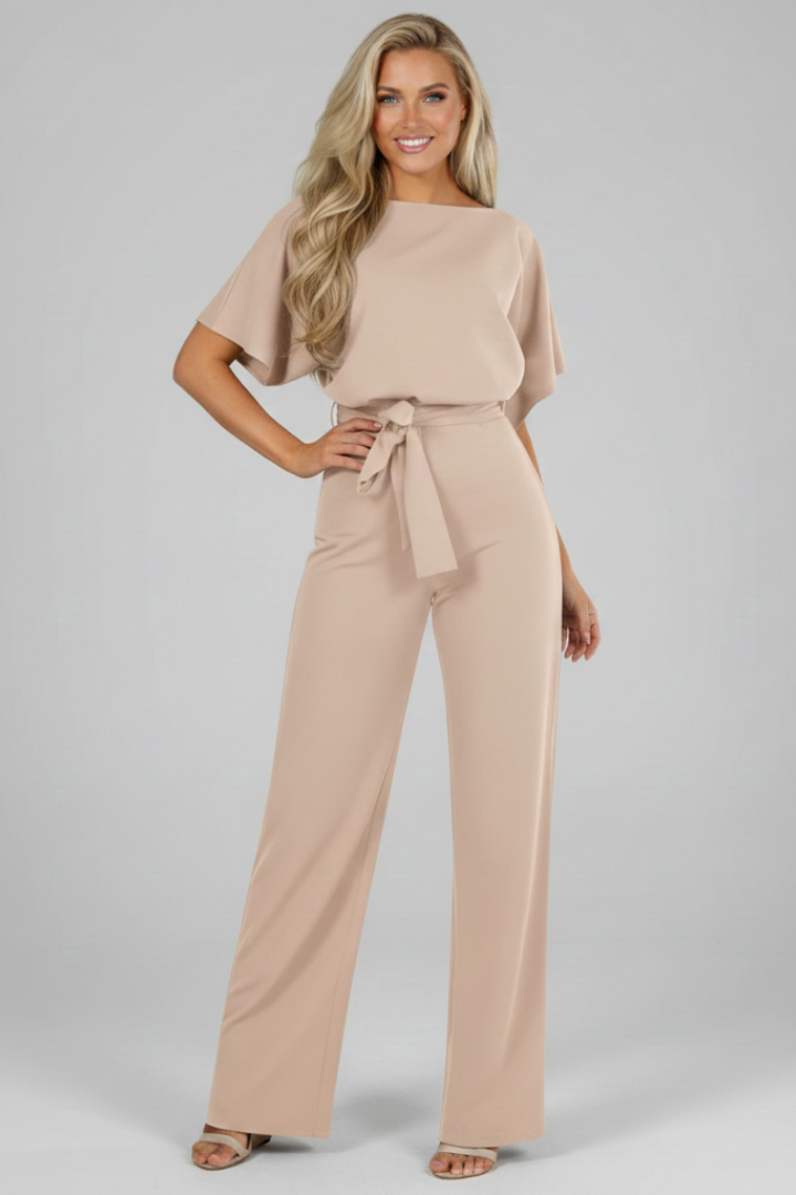 Chic women's short sleeve jumpsuit, one-piece design with adjustable waist tie. Modern, stylish, and comfortable.