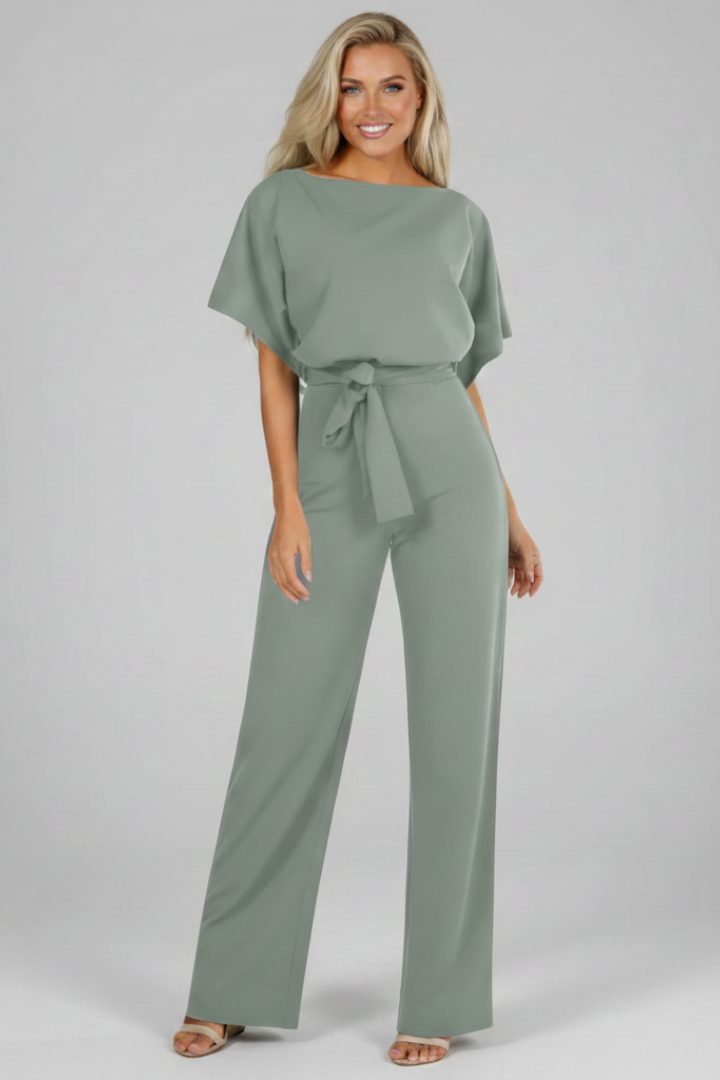 Elegant short sleeve women's jumpsuit featuring a round neck and adjustable waist tie for a flattering fit.