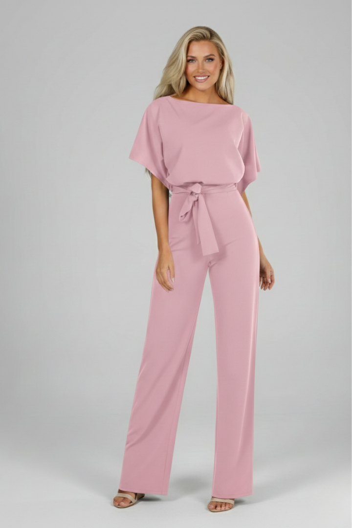 Spring/Summer chic women's short sleeve jumpsuit with an adjustable waist tie, a modern one-piece outfit.